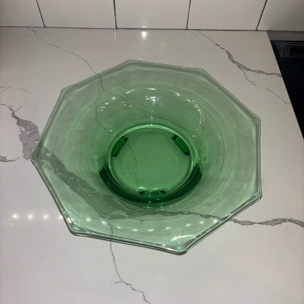 Uranium Glass Console Bowl Vintage Octagon Footed Vaseline Dish glows ! 💚